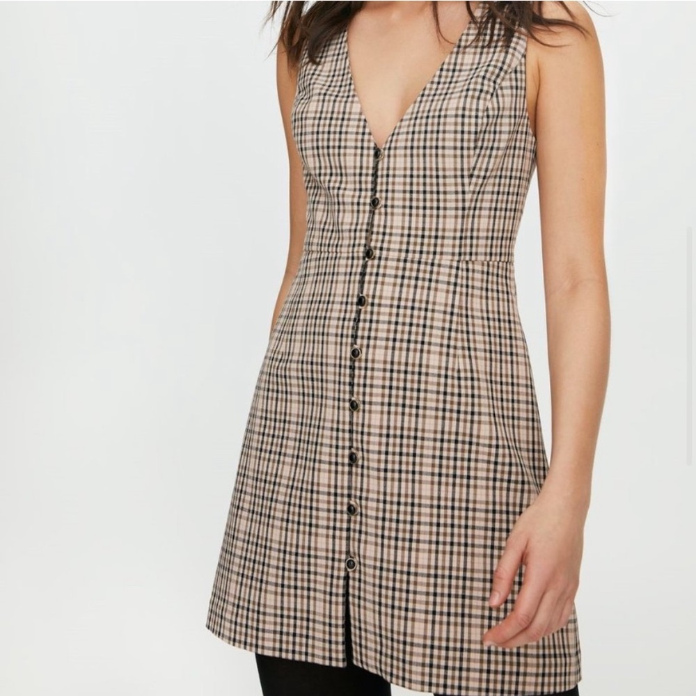 Aritzia Wilfred Checkered Gingham Plaid Suri Dress in Camel/Moss